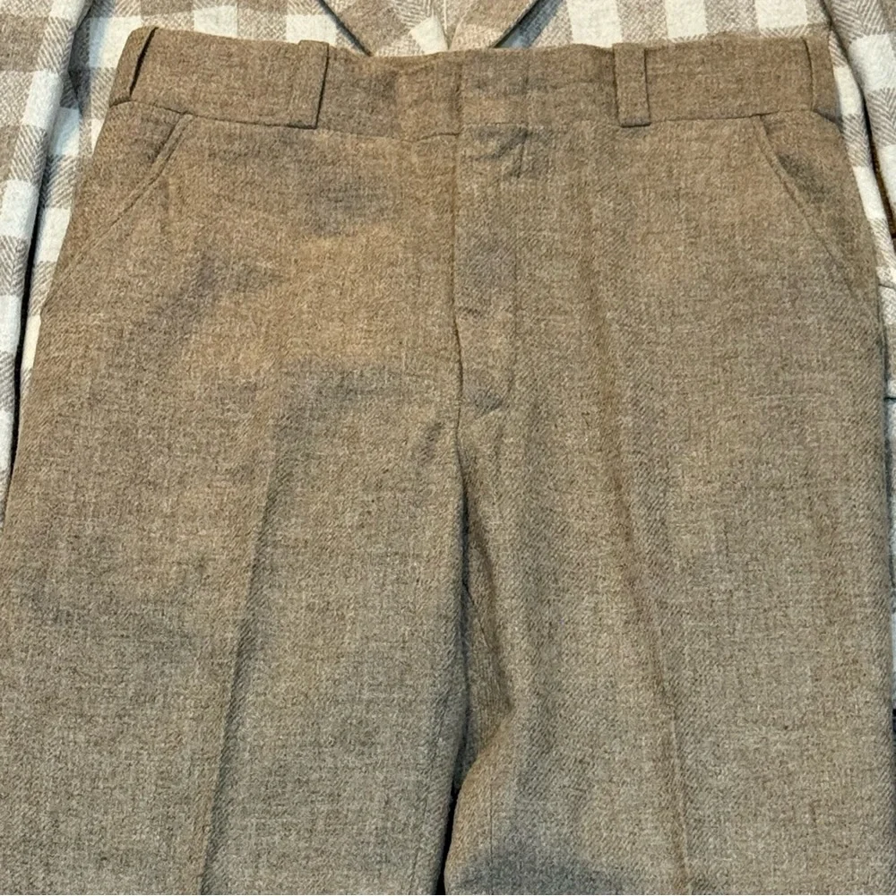 Vintage Topman 3pc.‎ Tan & Cream Buffalo Plaid Wool Suit Size Medium-ish C35